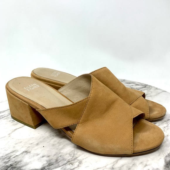 Eileen Fisher Shoes - Eileen Fisher Haven Sand Nubuck Open Toe Block Heel Sandal Slides 8 Neutral Chic